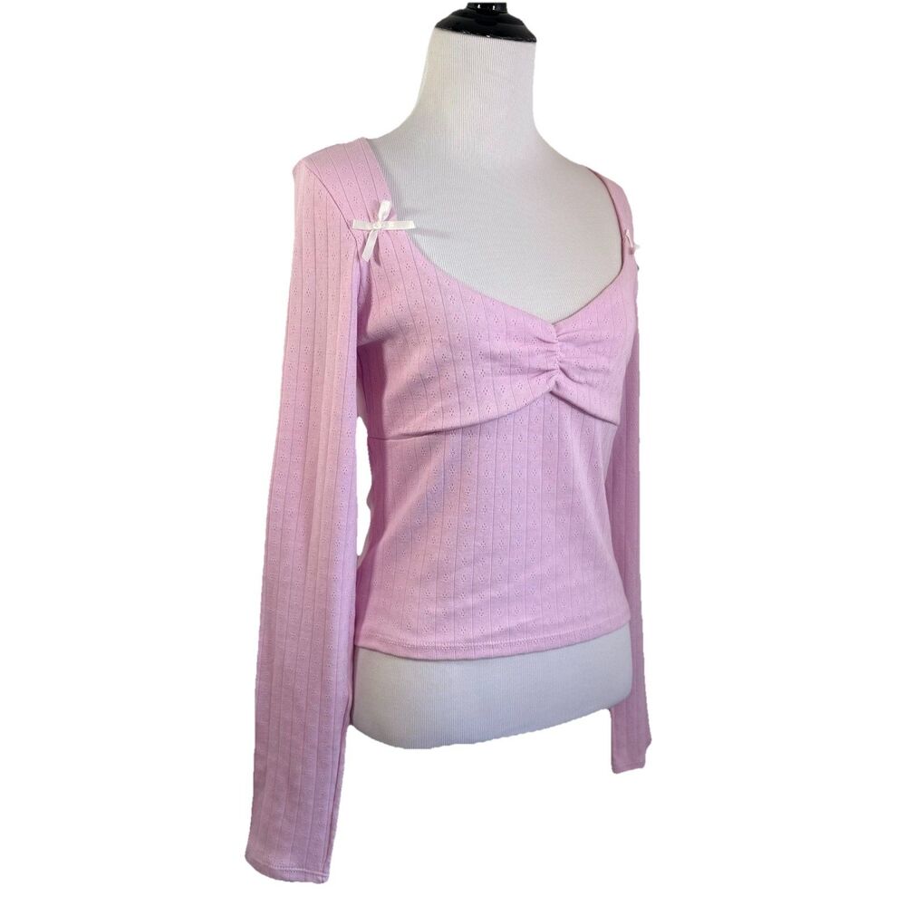 RSQ Long-Sleeve Shirt L Pink Pointelle Bow Coquette Cottagecore Cute BalletCore - Picture 3 of 14
